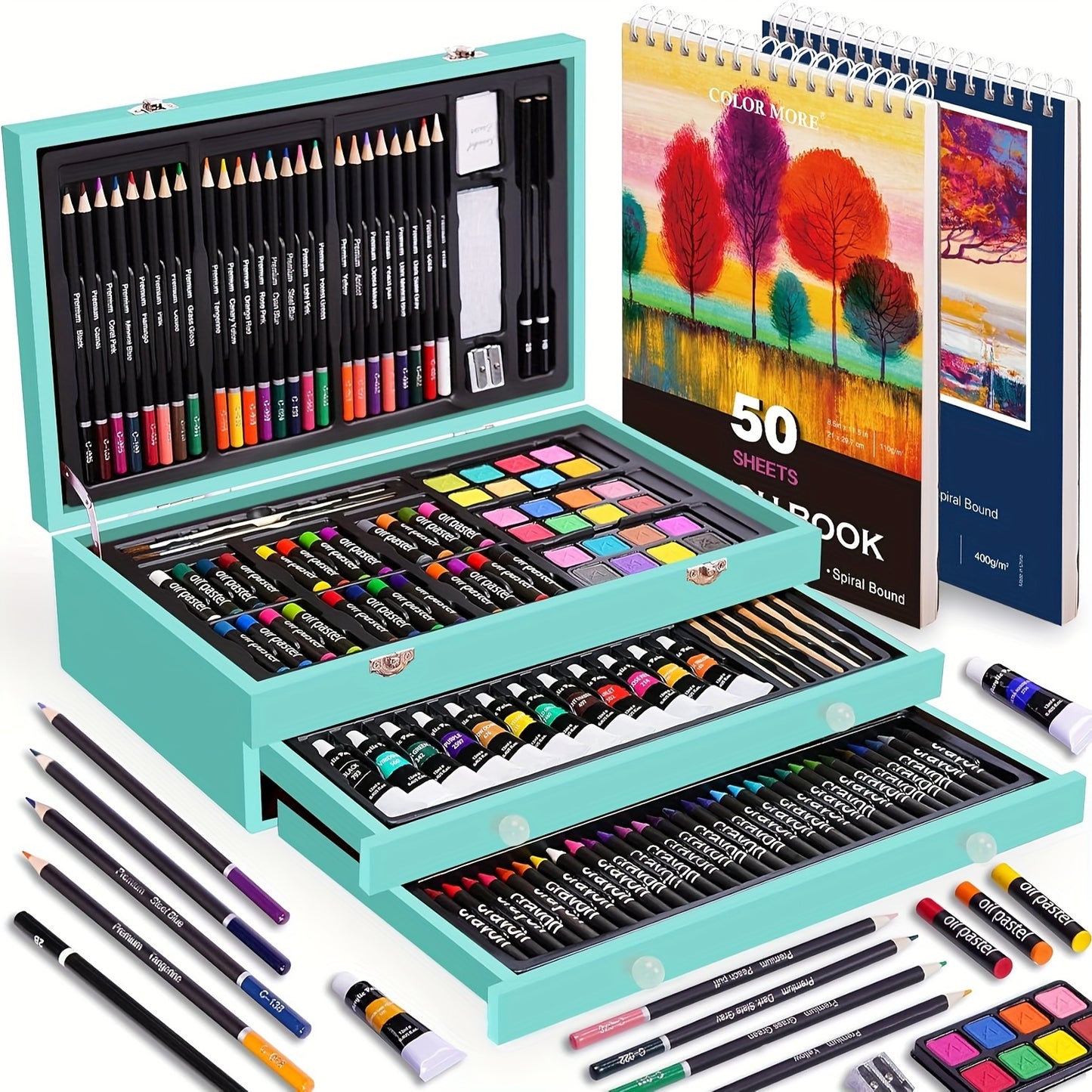 175 piece deluxe art set in wooden case with watercolors acrylics oil pastels colored pencils for adult artists – Cherry, Pink, Blue, Purple, Brown, Tan
