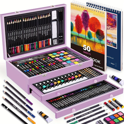 mixed media art supplies set sketch pad acrylic pad colored pencils graphite pencils brushes and crayons combo – Cherry, Pink, Blue, Purple, Brown, Tan