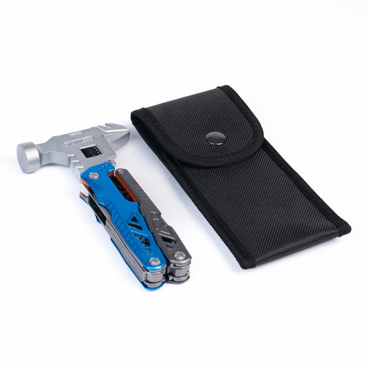 multitool hammer with adjustable wrench and folding pliers in blue aluminium handle for pocket carry (Blue)