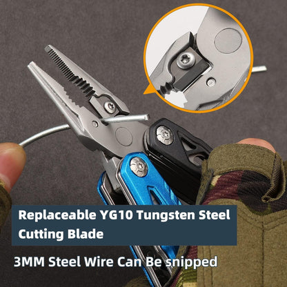 multitool wire cutter with replaceable tungsten steel blade that snips 3mm steel wire for gear and fence work (Blue, Black)