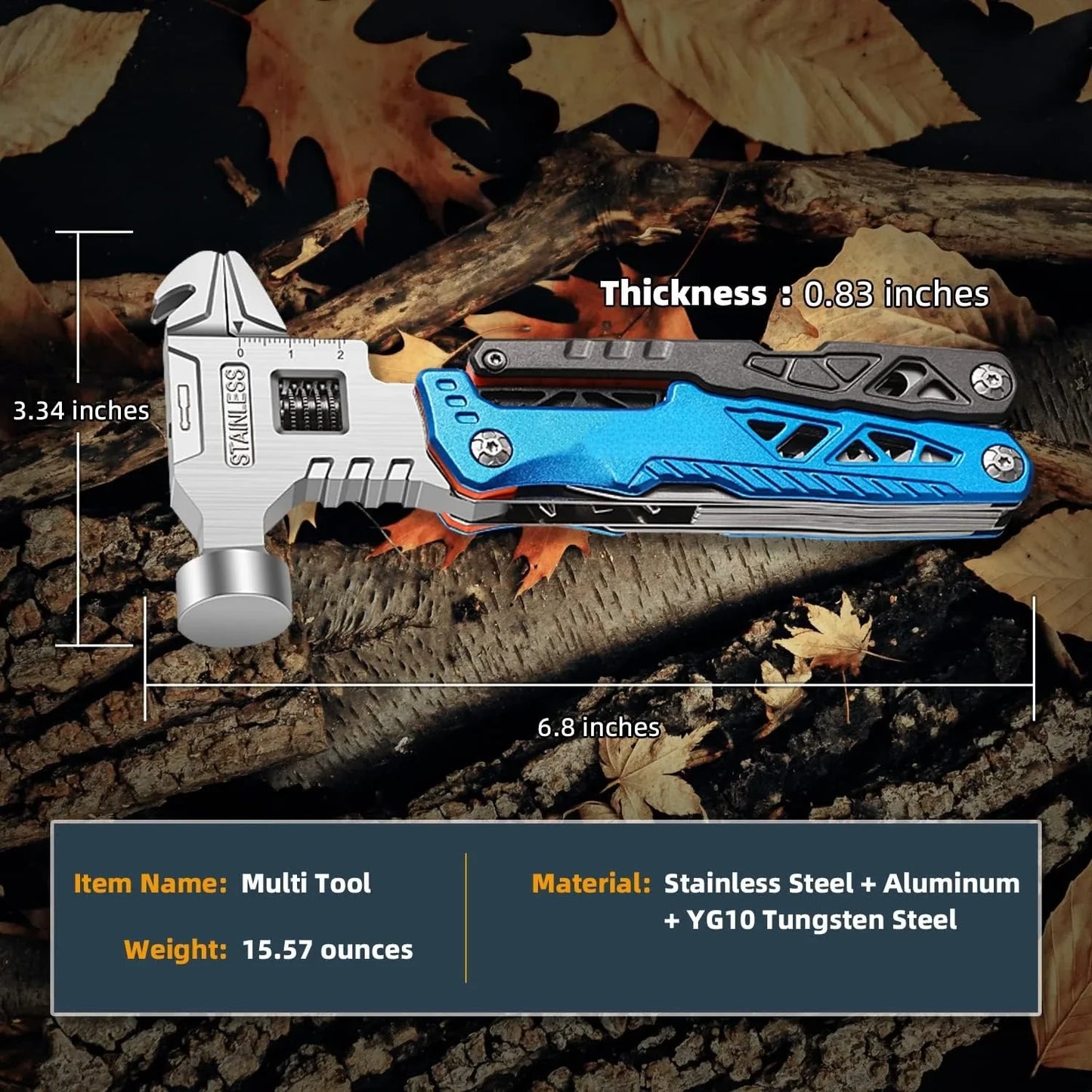 folding multitool dimensions 6.8 by 3.34 inches in stainless steel and tungsten for hiking and survival kits (Blue, Black)