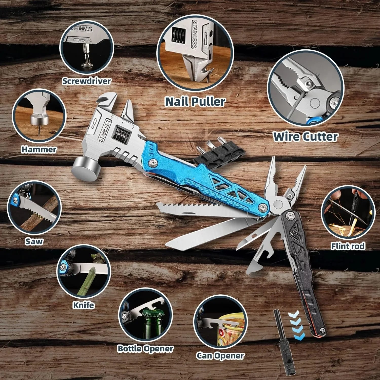 18 tool hammer multitool showing screwdriver nail puller saw knife flint and opener functions for campers (Blue, Black)