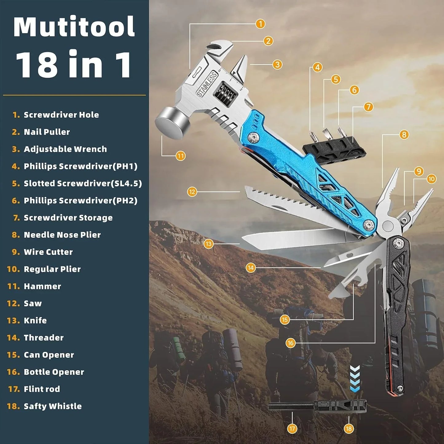 survival multitool hammer numbered tool chart with pliers screwdrivers whistle and threader for outdoor use (Blue, Black)