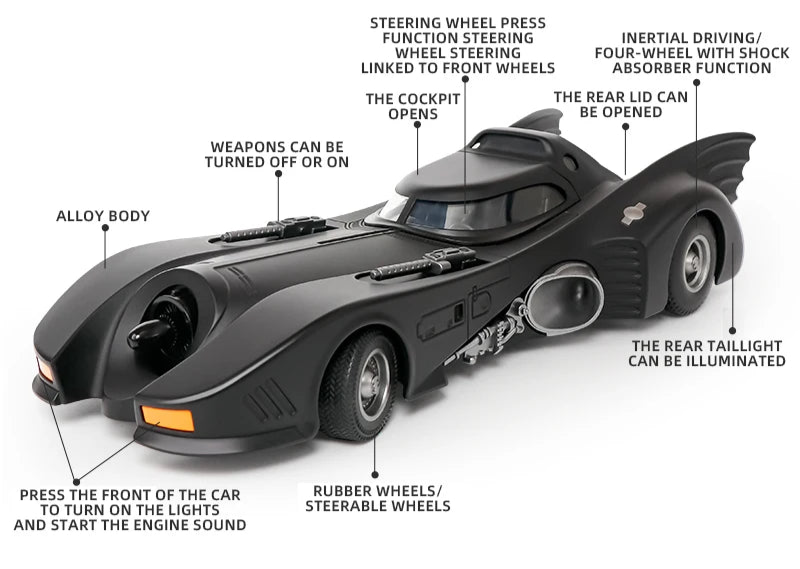 1989 Batmobile model car with alloy body, opening cockpit, steerable rubber wheels, lights and engine sound, 1989 Black
