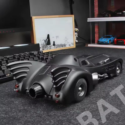 1989 Batmobile toy car with rear jet turbine and bat wing fins, metal Batman car model for desk display and collectors, 1989 Black