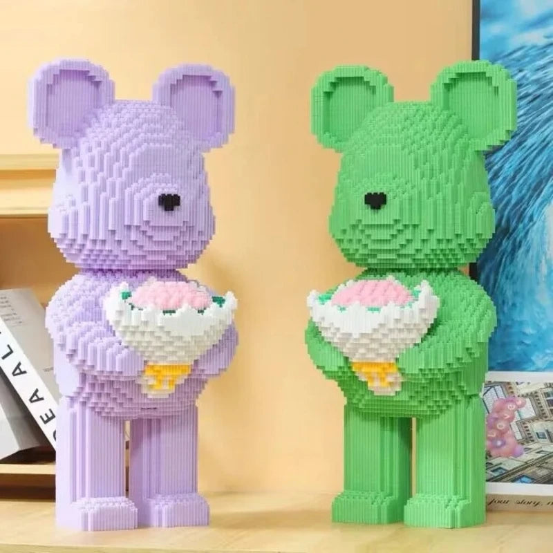 3800 piece brick bear with flower bouquet 48cm building blocks display sculpture for adult collectors – White, Pink, Purple, Green