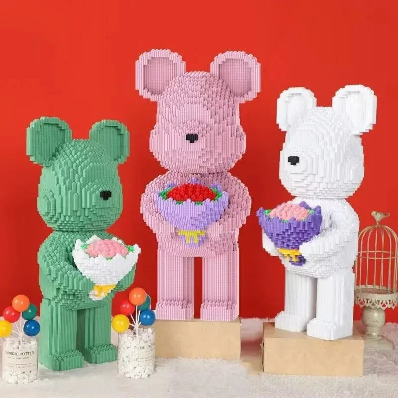 white brick bear building set with flowers micro blocks shelf decor for nursery and scandinavian rooms white – White, Pink, Purple, Green