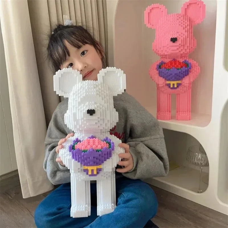 pink teddy bear blocks with sculpted flower bouquet anniversary valentines gift for her display sculpture pink – White, Pink, Purple, Green