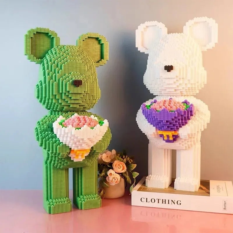 purple bearbrick style building blocks set 48cm display bear with flowers for teen dorm room shelf purple – White, Pink, Purple, Green