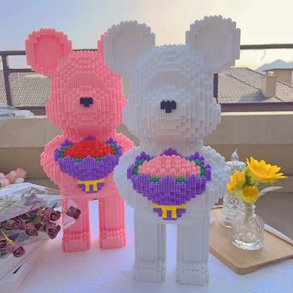 micro brick bear with sculpted flower bouquet diy building set mothers day birthday gift for collectors – White, Pink, Purple, Green