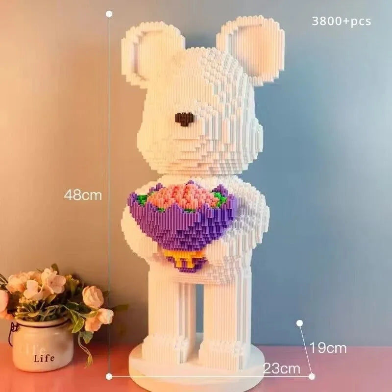 3800 piece brick bear with flower bouquet 48cm building blocks display sculpture for adult collectors – White, Pink, Purple, Green