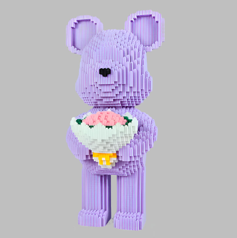 white brick bear building set with flowers micro blocks shelf decor for nursery and scandinavian rooms white – White, Pink, Purple, Green