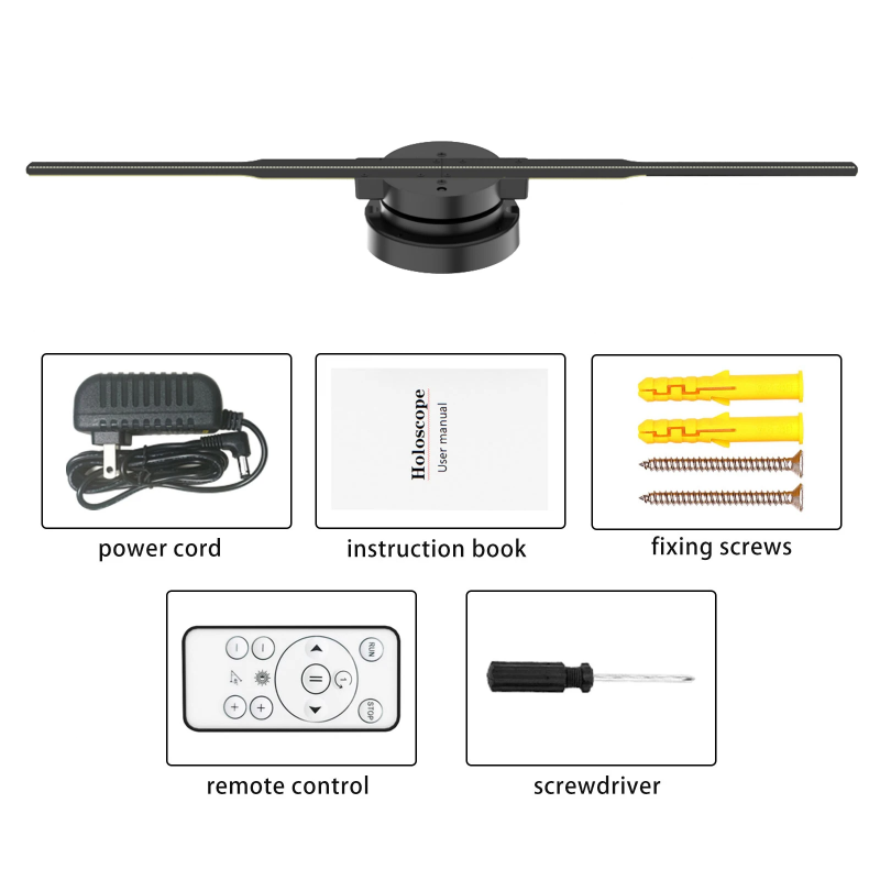 3D holographic fan WiFi LED projector displaying floating borderless holographic images for business advertising and retail displays