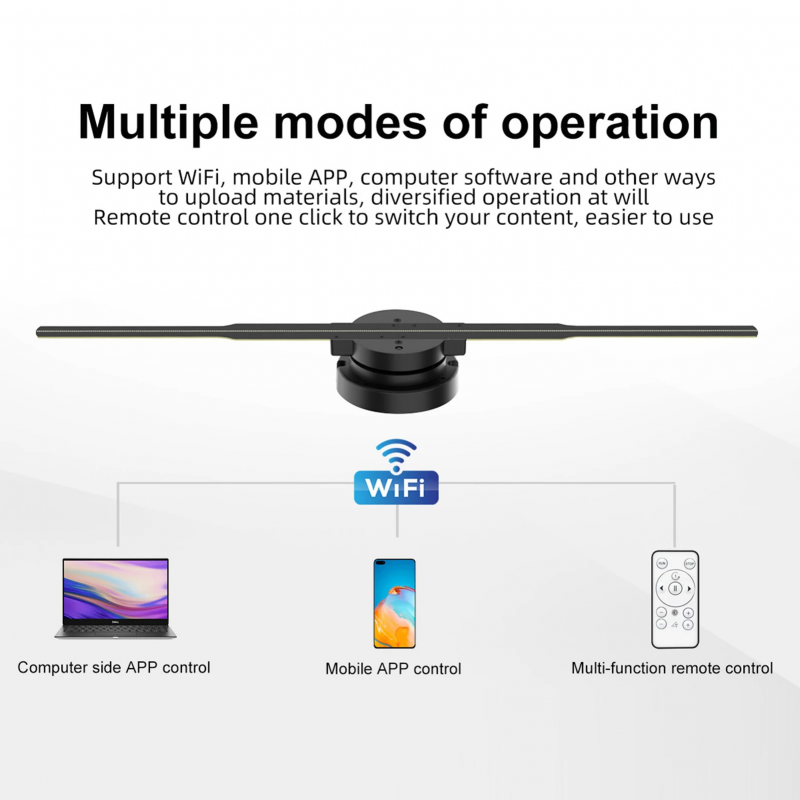 3D holographic fan WiFi LED projector displaying floating borderless holographic images for business advertising and retail displays