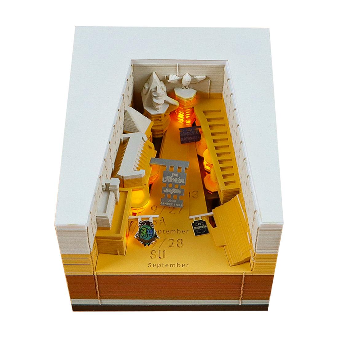 3d memo pad calendar hidden alley scene paper carving with warm glow, miniature street desk art, Alley calendar