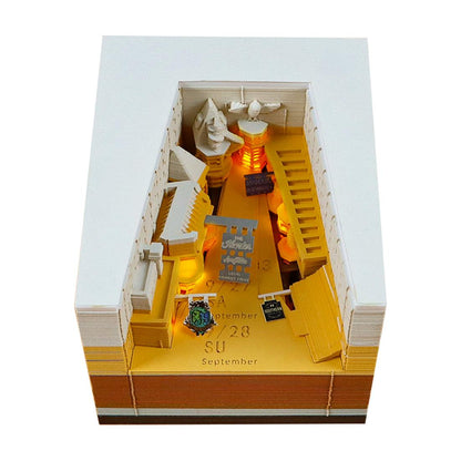 3d memo pad calendar hidden alley scene paper carving with warm glow, miniature street desk art, Alley calendar
