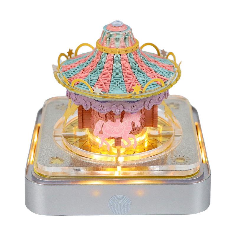 3d art memo pad carousel merry go round paper sculpture with LED base, whimsical desk night light and note pad gift, Carousel