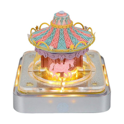 3d art memo pad carousel merry go round paper sculpture with LED base, whimsical desk night light and note pad gift, Carousel