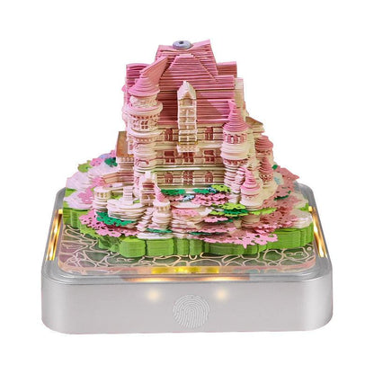 omoshiroi block castle memo pad with flower garden on glowing LED base, fairy tale desk decor gift, Castle Garden, Love Castle