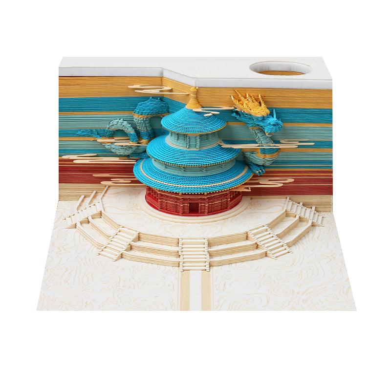 dragon temple 3d memo pad paper carving, chinese heaven palace desk calendar art with twin dragons for desk display, Palace No Calendar