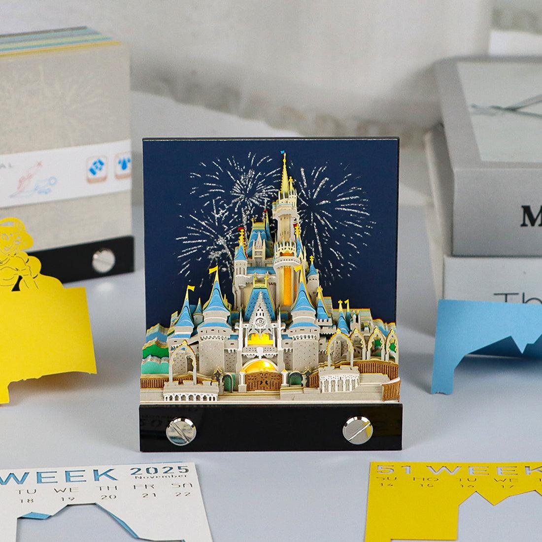 fireworks castle 3d memo pad night scene weekly calendar, magical kingdom paper art desk decor and birthday gift, Castle 1