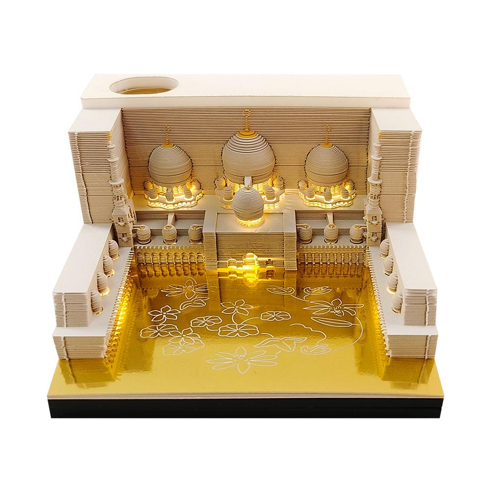 golden mosque 3d memo pad with glowing courtyard, architectural paper carving desk calendar art and unique office gift
