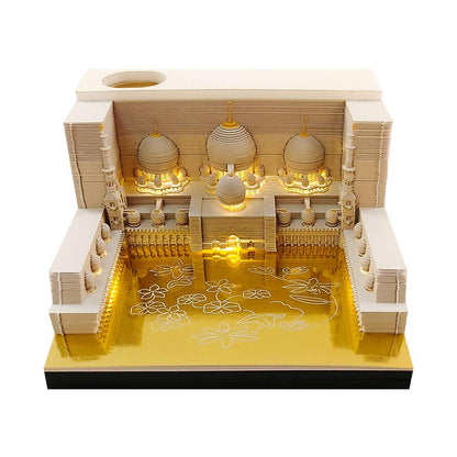golden mosque 3d memo pad with glowing courtyard, architectural paper carving desk calendar art and unique office gift
