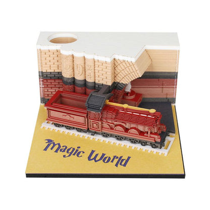 magic train 3d memo pad paper carving, wizard steam locomotive desk calendar and note block gift for fantasy fans, Train No Calendar