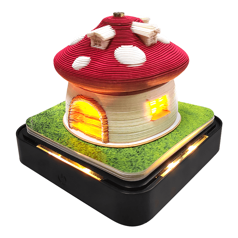 mushroom house 3d memo pad with glowing windows and LED lawn base, fairy cottage desk night light gift, Mushroom