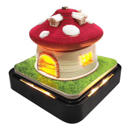 mushroom house 3d memo pad with glowing windows and LED lawn base, fairy cottage desk night light gift, Mushroom