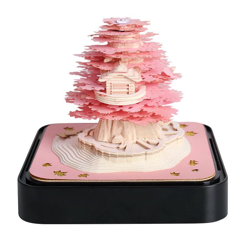 3d art memo pad pink treehouse paper carving calendar, cherry blossom desk decor and gift for her, Pink Treehouse