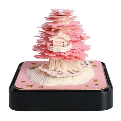 3d art memo pad pink treehouse paper carving calendar, cherry blossom desk decor and gift for her, Pink Treehouse
