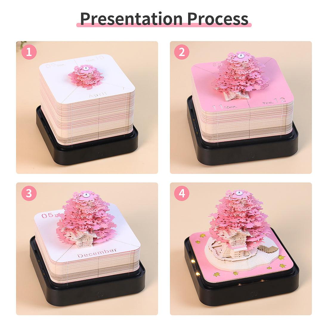 3d memo pad calendar reveal process, omoshiroi block sculpture emerging page by page as notes are used, Sakura Tree