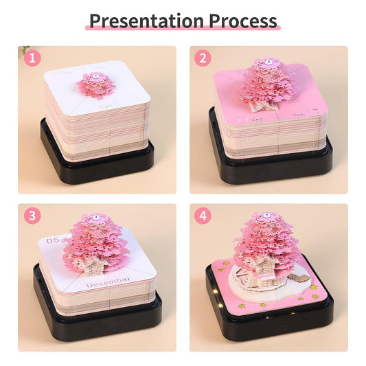 3d memo pad calendar reveal process, omoshiroi block sculpture emerging page by page as notes are used, Sakura Tree