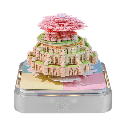 sakura castle 3d memo pad paper sculpture on LED base, japanese cherry blossom desk calendar art and note block gift