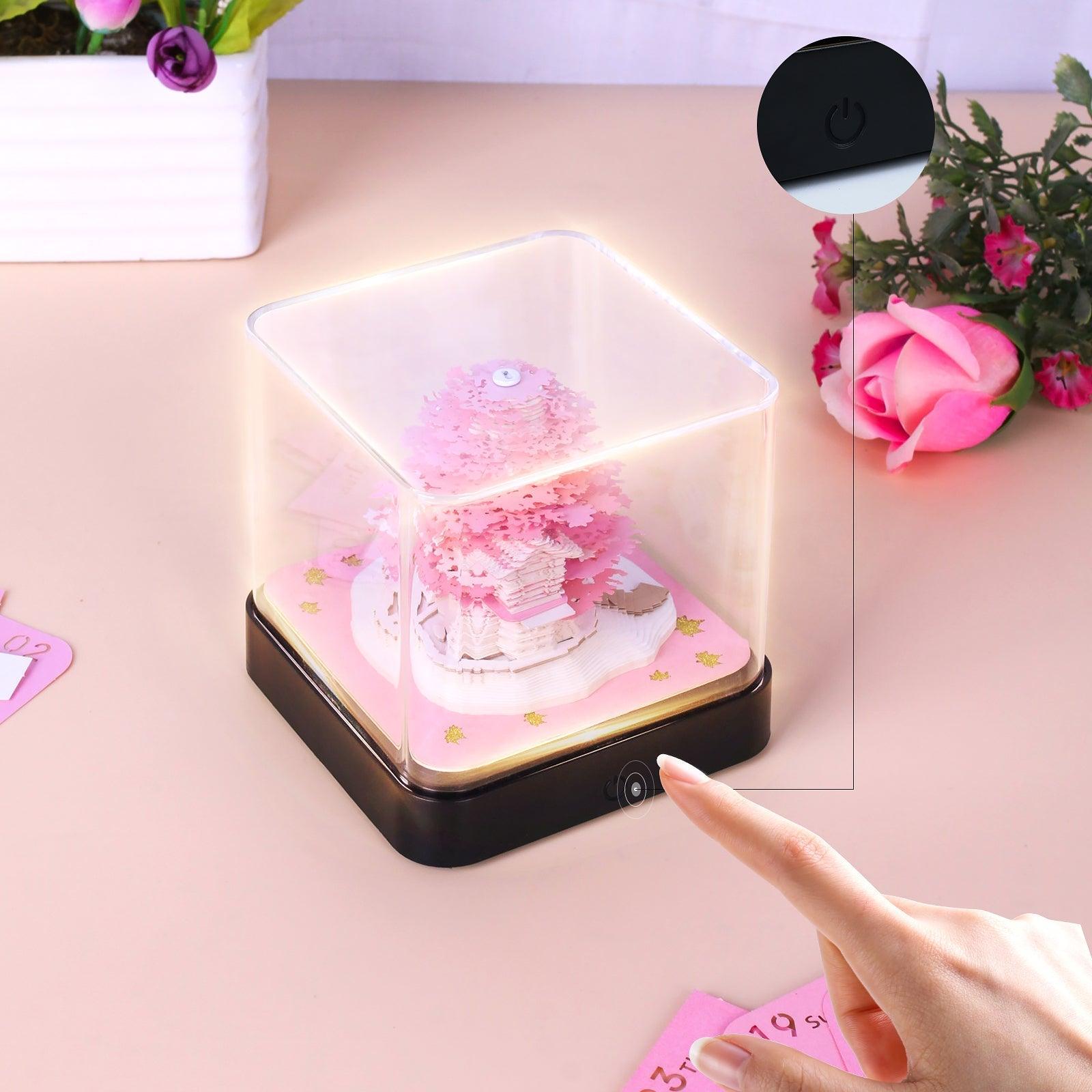 sakura 3d memo pad with touch LED base and clear dust cover, japanese paper art night light for desks, Sakura Tree
