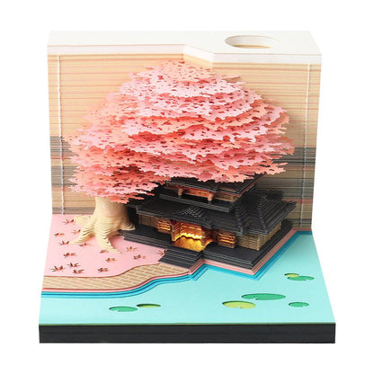 sakura tree 3d memo pad with japanese temple and pond, paper carving desk art sculpture, Tree No Calendar