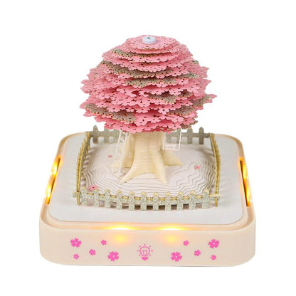 3d art calendar sakura tree memo pad with LED base, cherry blossom desk light and note paper gift, Sakura Tree