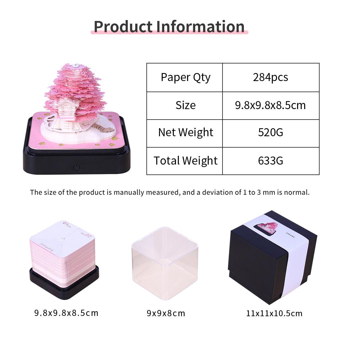 3d art memo pad size guide with 284 pages, gift box and dust cover, desk calendar sculpture dimensions, Sakura Tree