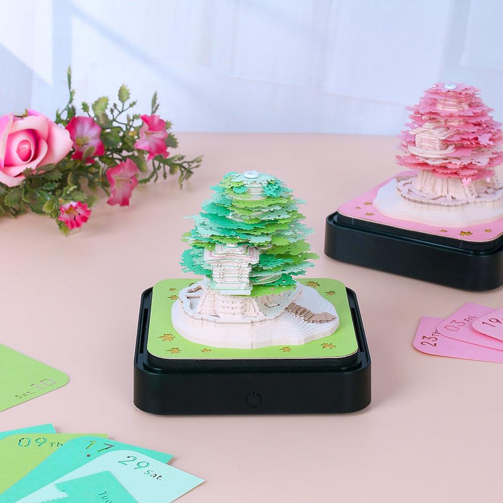 origami desk calendar treehouse memo pad in home office setup, 3d paper art stationery gift, Green Treehouse