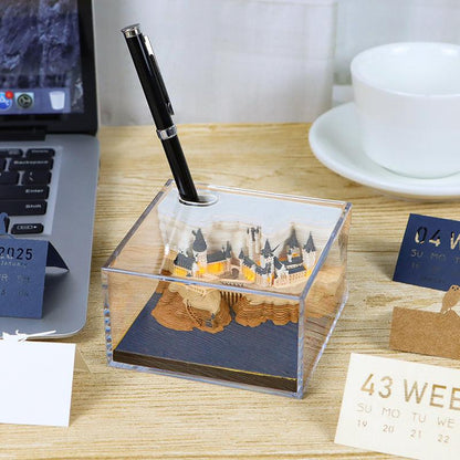 wizard castle 3d memo pad with pen holder and dust cover on office desk, magic school calendar for fantasy fans