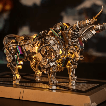 mechanical minotaur style bull model built from stainless steel, iron and copper components Gold