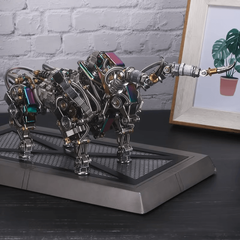 mechanical bull rear view showing articulated hind legs and gear housing on the display base Silver