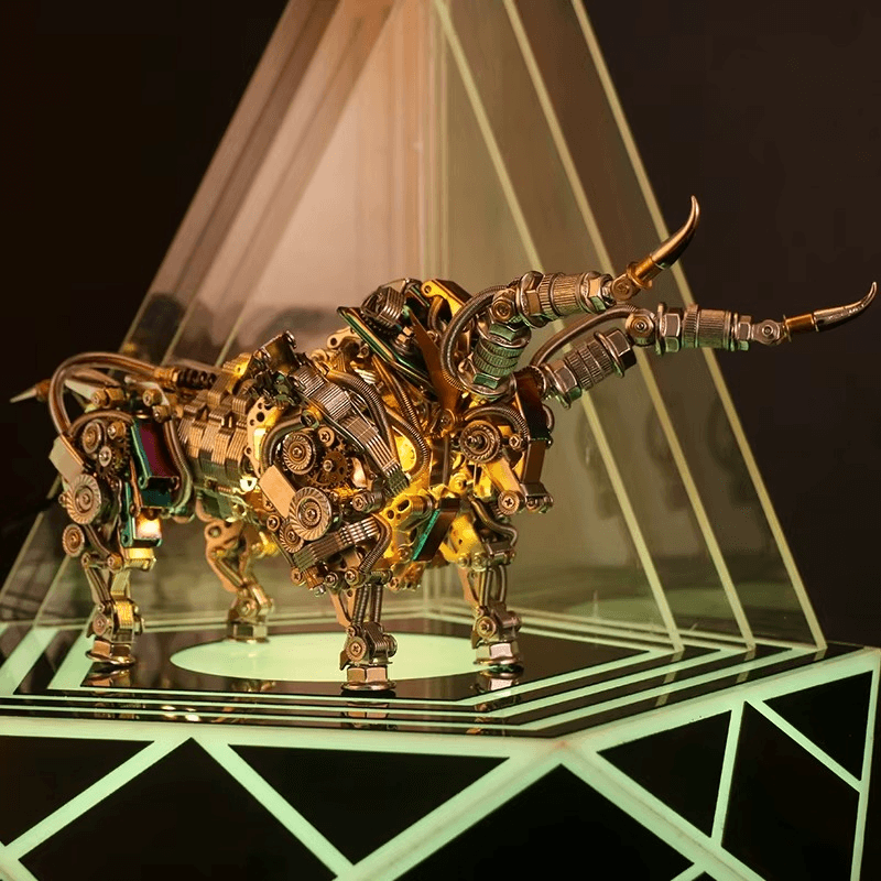 metal bull model with horns and layered head plating, collectible animal sculpture for a shelf Gold