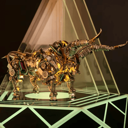 metal bull model with horns and layered head plating, collectible animal sculpture for a shelf Gold