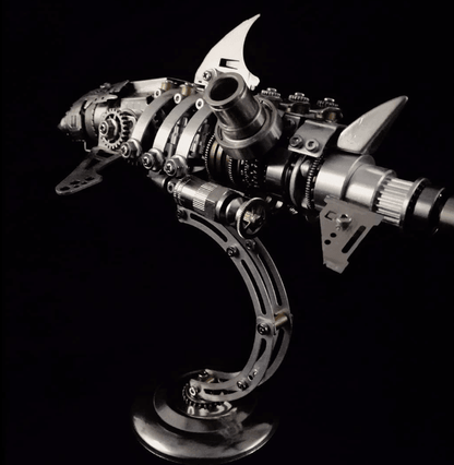 mechanical shark model kit with exposed gears and fins, metal shark sculpture for desk and shelf display