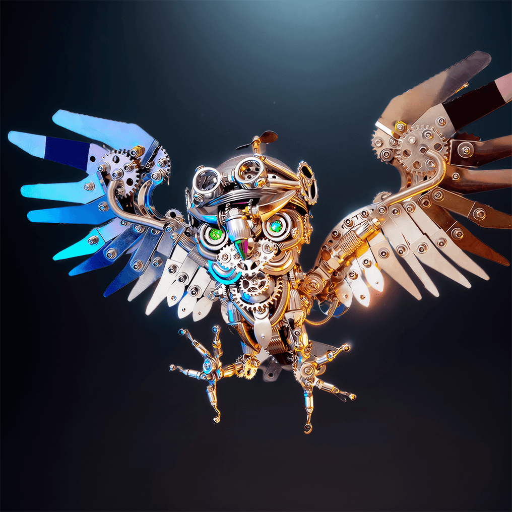metal owl figurine assembly model with LED light up eyes steampunk DIY craft kit gift idea