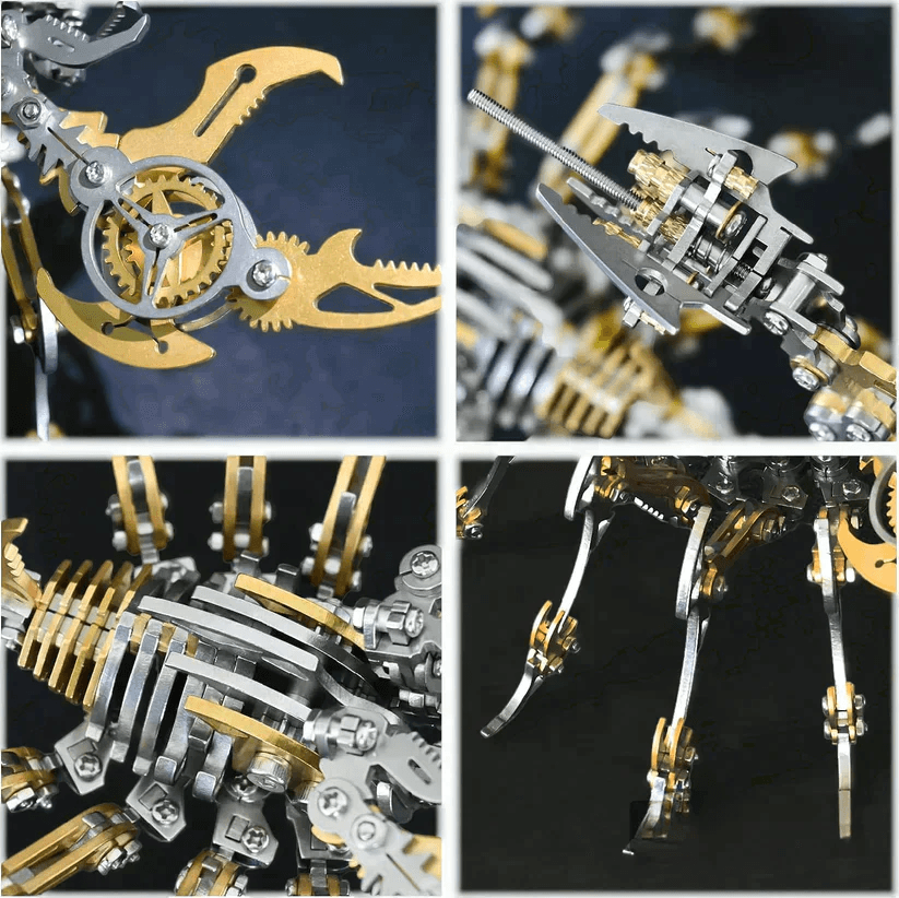3D metal scorpion gear detail collage four close-up angles showing precision-cut assembly pieces – Red, Blue, Gold, Purple, Golden Black, Green, Silver