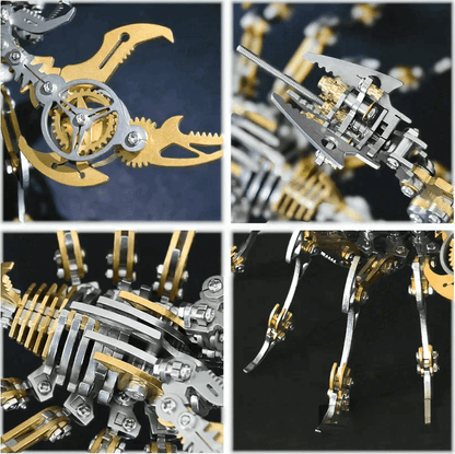 3D metal scorpion gear detail collage four close-up angles showing precision-cut assembly pieces – Red, Blue, Gold, Purple, Golden Black, Green, Silver