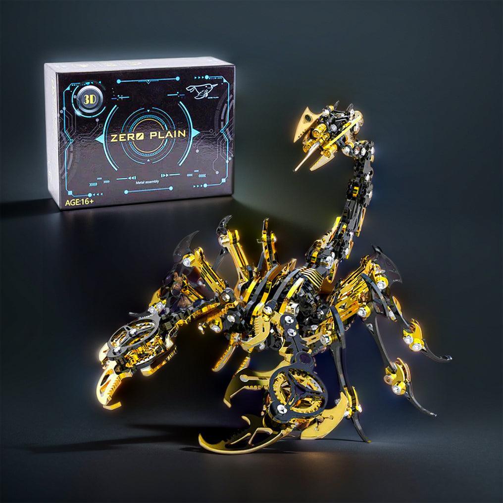 3D metal scorpion king puzzle box packaging shows assembled mechanical model age 16+ DIY kit – Red, Blue, Gold, Purple, Golden Black, Green, Silver